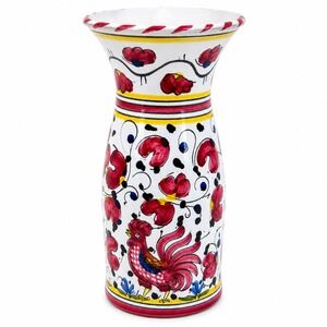 Deruta Italy Hand Painted Rooster Ceramic Vase Red Floral Majolica 7.25 Inch